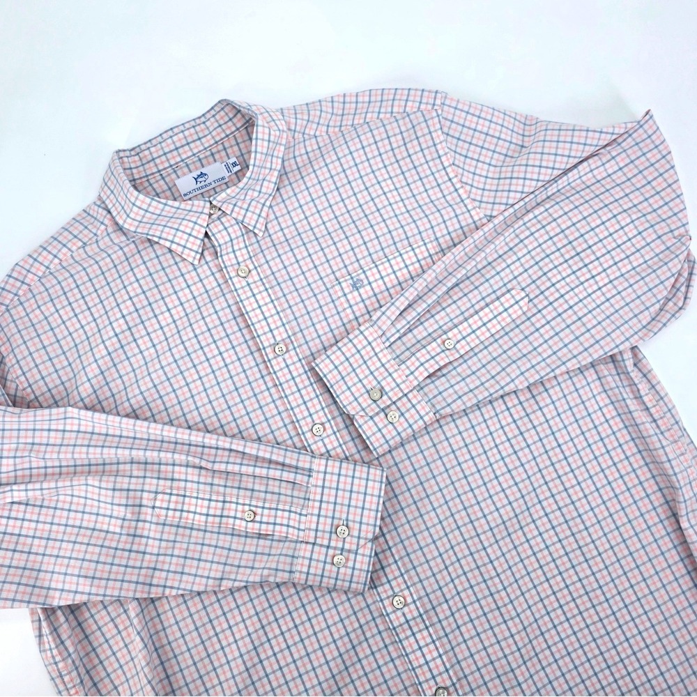 Southern Tide Mens XXL Plaid Button Down Shirt Blue Pink Coolmax Stretch